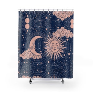 Sun And Moon Shower Curtain Celestial Bathroom Decor Witchy Mystical Bohemian Lunar Blue Stars Clouds Mystic Sun Moon Cosmos Boho Art