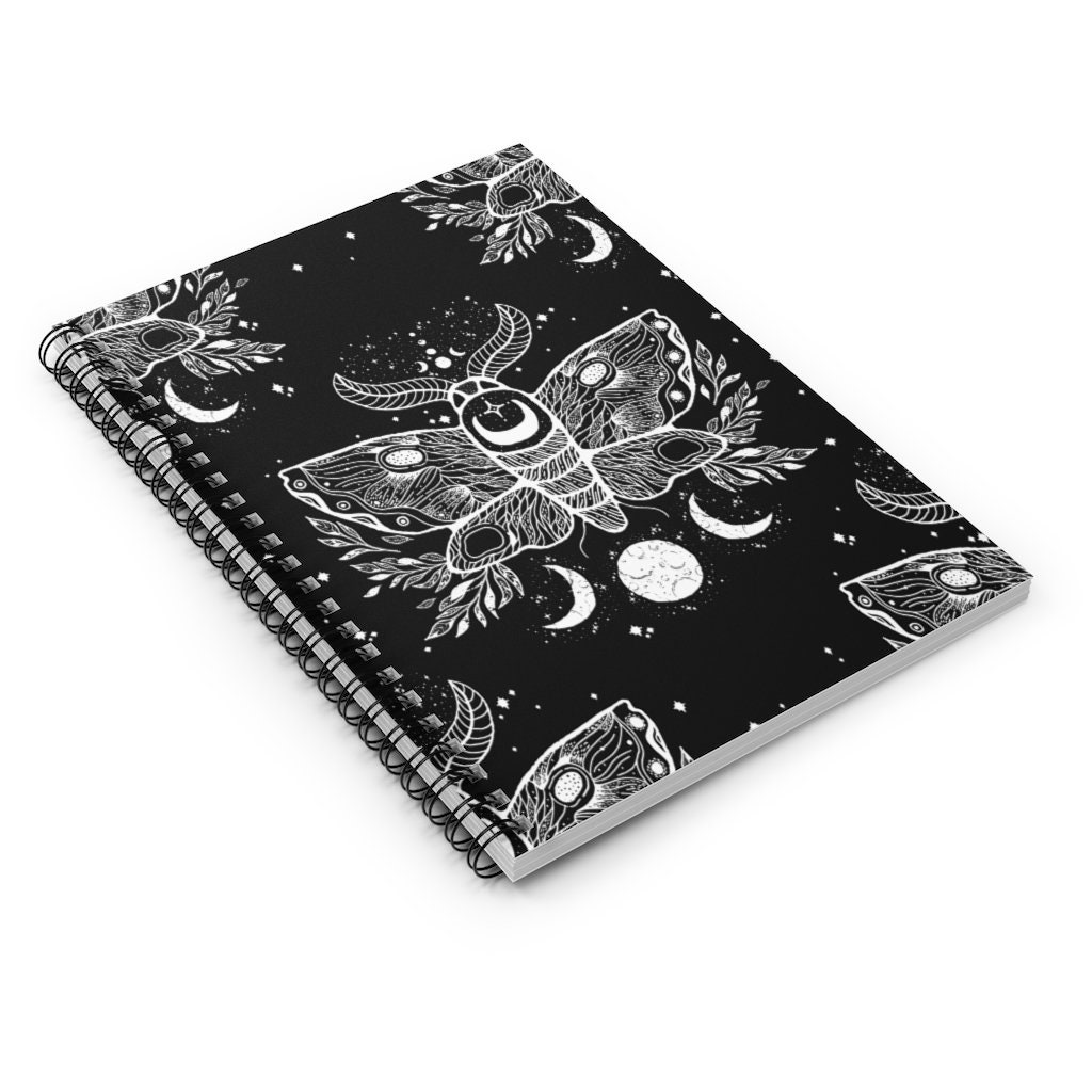 Celestial Moth Spiral Notebook - Ruled Lined Black Gothic Moon Journal ...