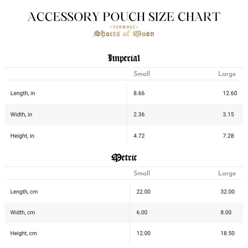 May include: A size chart for accessory pouches in both imperial and metric measurements. The chart shows the length, width, and height of the pouches in inches and centimeters for both small and large sizes.