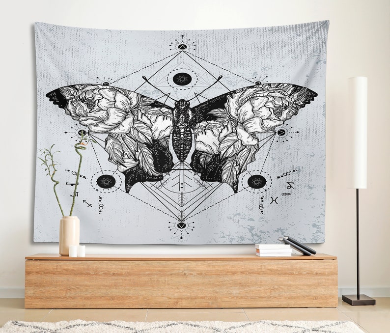Butterfly Tapestry Moths Wall Hanging Black And White Gothic | Etsy