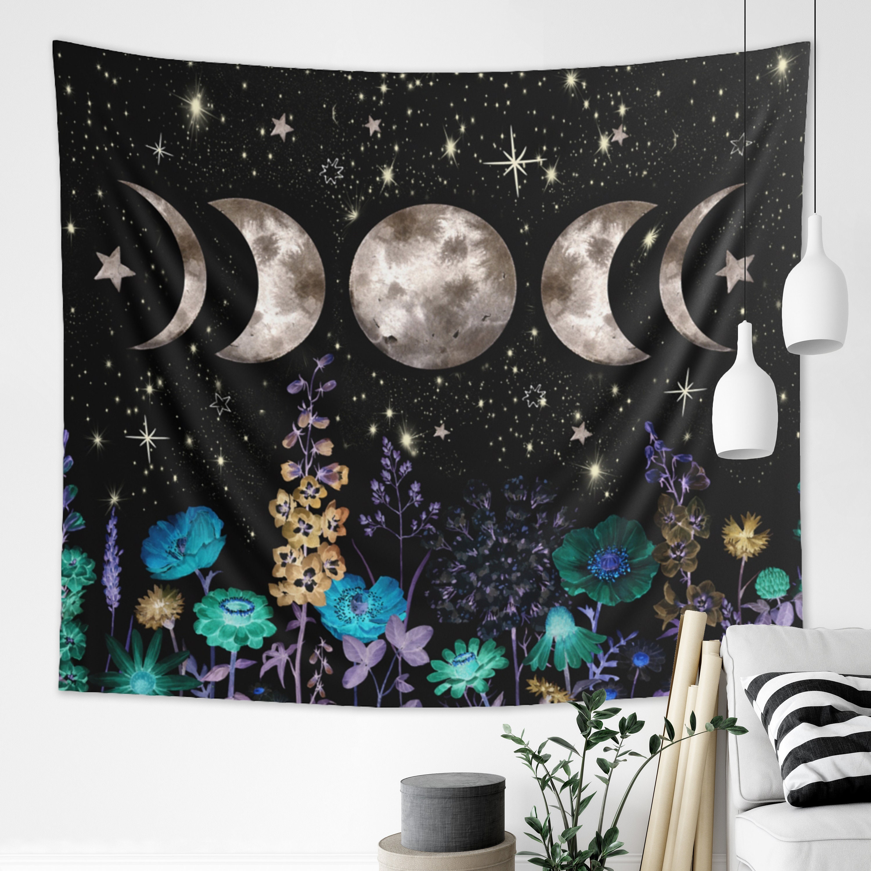 Moon Phases Starry Night Tapestry Floral Moonlit Garden Wall Hanging Sun Moon Decor Celestial Wildflowers Bohemian Mystical Eclipse Etsy