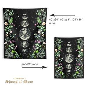 Moonlit Garden Tapestry Moon Phases Wall Hanging Floral Lunar Night Sky ...
