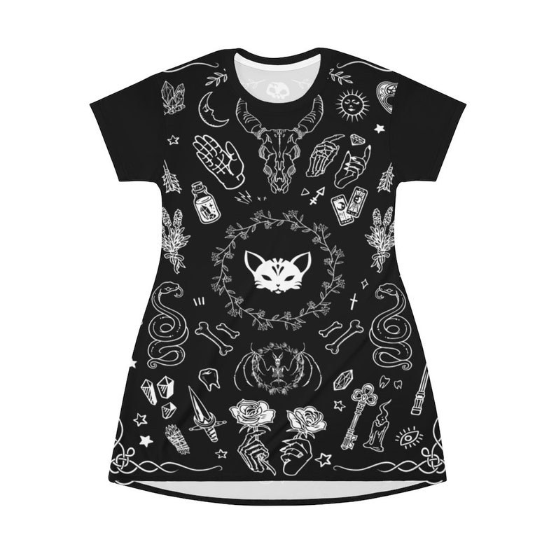 May include: Black t-shirt with a white print of various occult and mystical symbols, including a cat, snake, skull, and flowers.