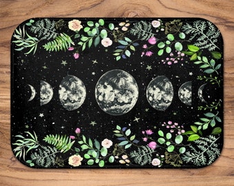Moonlit Garden Bath Mat Moon Phases Bathroom Decor Lunar Phases Moon Eclipse Bohemian Leaves Vines Rose Garden Starry Night Black Green Moon