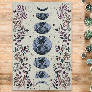 Moonlit Garden Area Rug Moon Carpet Lunar Eclipse Astrology Starry Night Vines Leaves Floral Garden Bohemian Luna Boho Moon Phases Floor Mat