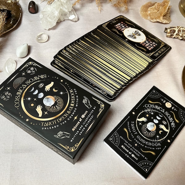 Baraja de Tarot Cosmica Somnis dorada con guía y caja, juego completo de 78 cartas, herramienta de adivinación astrológica celestial estrellada de Cosmic Dreams