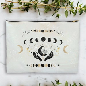 Celestial Accessory Pouch - Moon Phases Cosmetic Bag Beige White Lunar Crescent Astrology Magical Eclipse Coin Purse Starry Pencil Case