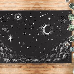 Night Sky Area Rug Celestial Carpet Gothic Starry Night Mystical Witchy Altar Decor Sun Moon Floor Mat Galaxy Black Shooting Stars Decor