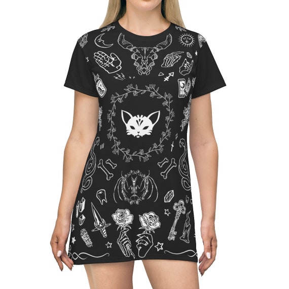 Gothic Witchy Dress Black Witchcraft T-Shirt Dress Magick Moon Skulls Sphynx Cat Mystical Black Goth Wicca Altar Witch Dress