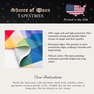 May include: A colorful tapestry with a rainbow pattern. The tapestry is made of soft polyester and has hemmed edges. The text "Shores of Moon Tapestries" is at the top of the image. The text "Printed in the USA" is at the bottom of the image.