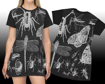 Spider Insects Moth Dress Dragonfly All Over Print T-Shirt Dress Gothic Horror Insect Lover Entomologist Dress Casual Spider Grunge Dress