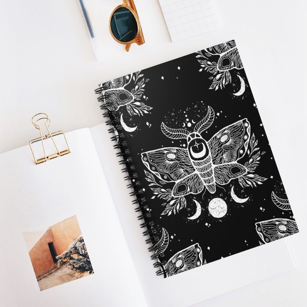 Celestial Moth Spiral Notebook - Ruled Lined Black Gothic Moon Journal ...