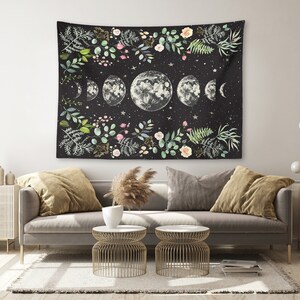 Moonlit Garden Tapestry Moon Phases Wall Hanging Floral Lunar Night Sky ...