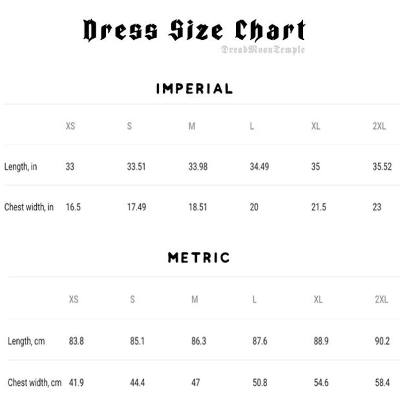 Może przedstawiać: Tabela rozmiar&oacute;w sukienek w calach i centymetrach. Tabela pokazuje wymiary dla rozmiar&oacute;w XS, S, M, L, XL i 2XL. Wymiary podano dla długości i szerokości klatki piersiowej.