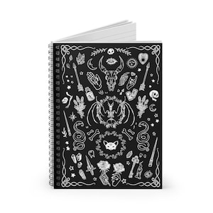 Witchy Spiral Notebook Ruled Lined Black Gothic Witchcraft Journal Halloween Occult Animal Skulls Ouija Crystals Spells Sorcerer Altar Diary