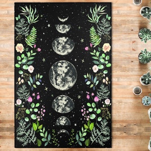 Moonlit Garden Area Rug Moon Carpet Lunar Eclipse Starry Night Vines Leaves Floral Rose Garden Bohemian Luna Boho Moon Phases Floor Mat