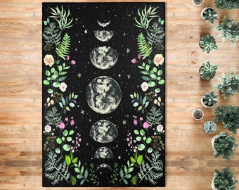 Moonlit Garden Area Rug Moon Carpet Lunar Eclipse Starry Night Vines Leaves Floral Rose Garden Bohemian Luna Boho Moon Phases Floor Mat