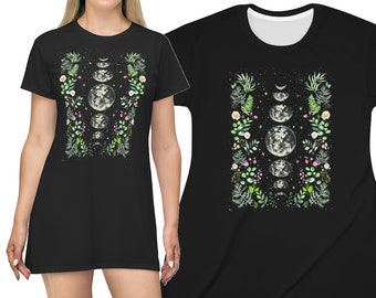 Moonlit Garden Dress Black T-Shirt Dress Celestial Lunar Phases Moon Phases Sun Moon Dress Gothic Bohemian Floral Goth Girl Boho Black Dress