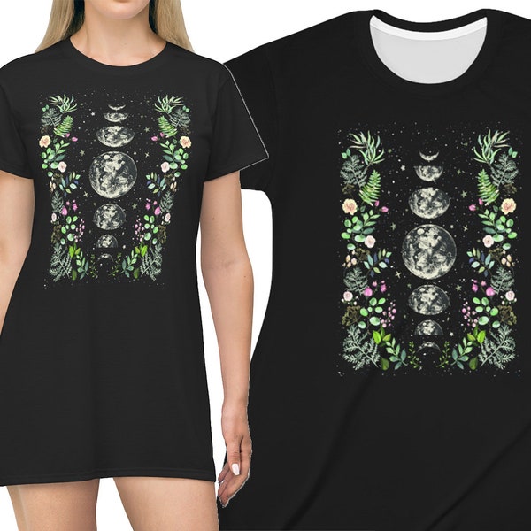 Moonlit Garden Dress Black T-Shirt Dress Celestial Lunar Phases Moon Phases Sun Moon Dress Gothic Bohemian Floral Goth Girl Boho Black Dress