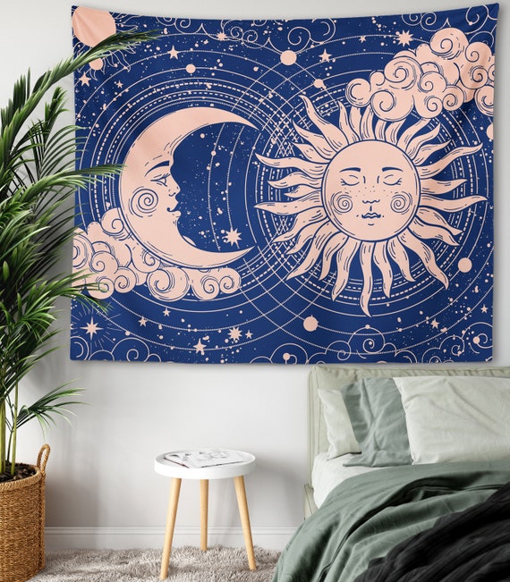 Sun Moon Tapestry Blue Celestial Sky Wall Hanging Clouds Bohemian Yoga Meditation Mystical Sun and Moon Face Witchy Wicca Boho Dorm Decor Etsy Canada