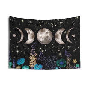 Moon Phases Starry Night Tapestry Floral Moonlit Garden Wall Hanging ...