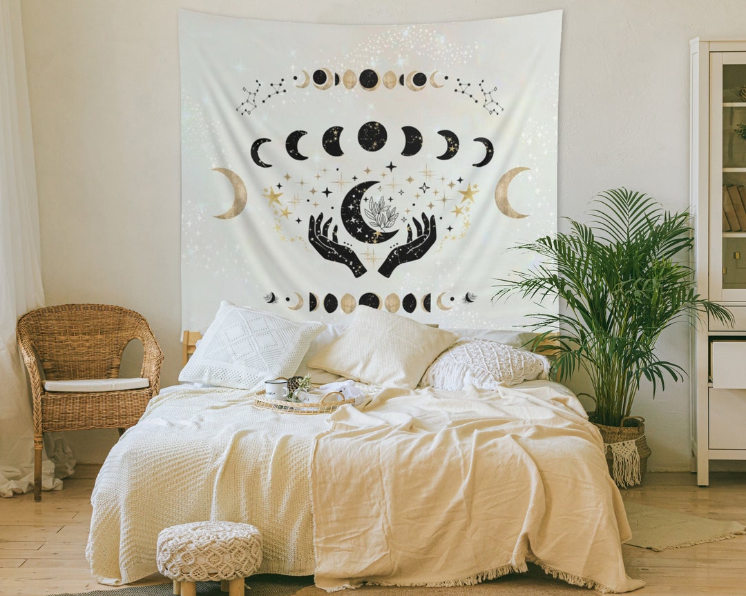 Celestial Moon Tapestry - Moon Phases Astrology Magical Hands Stars ...
