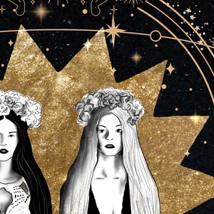May include: Two women with long dark hair wearing floral crowns against a gold glitter background with a black and gold star design.