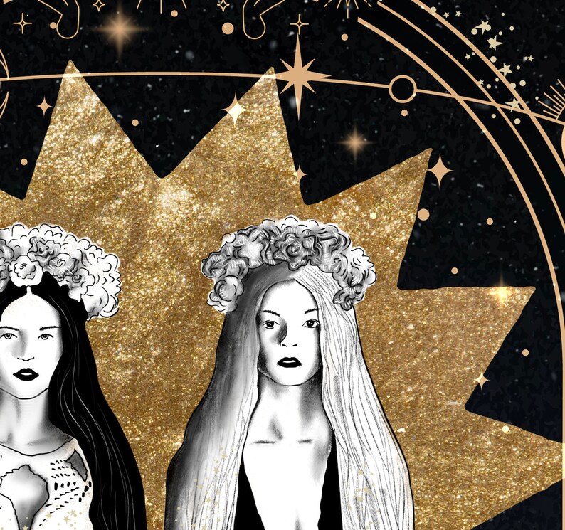 May include: Two women with long dark hair wearing floral crowns against a gold glitter background with a black and gold star design.