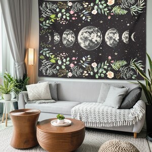 Moonlit Garden Tapestry Moon Phases Wall Hanging Floral Lunar Night Sky ...