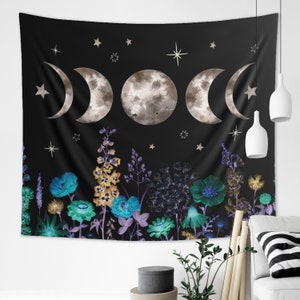 Moon Phases Tapestry Starry Night Floral Wall Hanging Sun Moon Decor Celestial Wildflowers Cyanotype Bohemian Mystical Astrology Eclipse