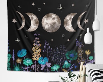 Moon Phases Tapestry Starry Night Floral Wall Hanging Sun Moon Decor Celestial Wildflowers Cyanotype Bohemian Mystical Astrology Eclipse