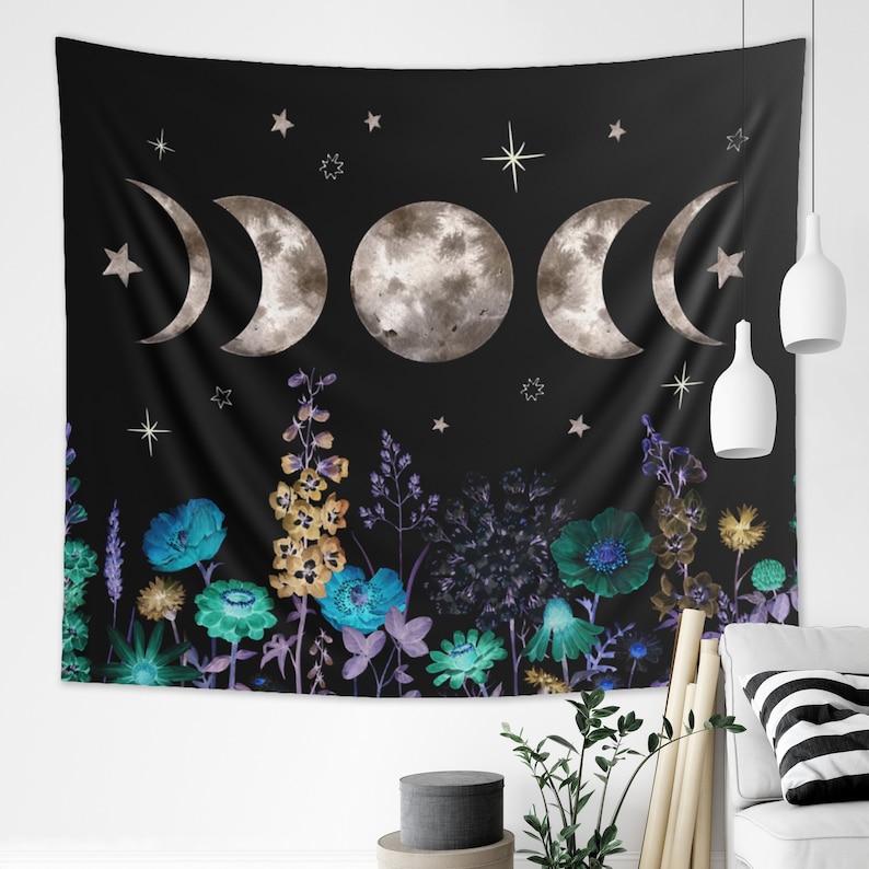 Moon Phases Tapestry Starry Night Floral Wall Hanging Sun Moon Decor Celestial Wildflowers Cyanotype Bohemian Mystical Astrology Eclipse image 1