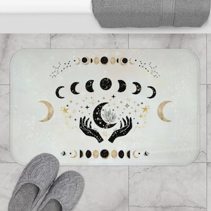Mystical Moon Bath Mat - Celestial Lunar Moon Phases Stars Witchy Astrologia Beige Gold Black Starry Bathroom Decor
