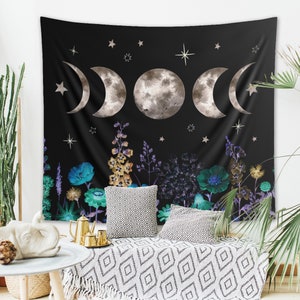 Moon Phases Tapestry Starry Night Floral Wall Hanging Sun Moon Decor Celestial Wildflowers Cyanotype Bohemian Mystical Astrology Eclipse image 3