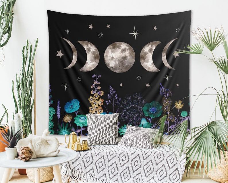 Moon Phases Tapestry Starry Night Floral Wall Hanging Sun Moon Decor Celestial Wildflowers Cyanotype Bohemian Mystical Astrology Eclipse image 3