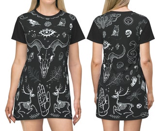 Witchy Gothic Dress Magic Esoteric Occult Skulls Moon Skeletons Black Professional Witch Kit Print Witchcraft Dress