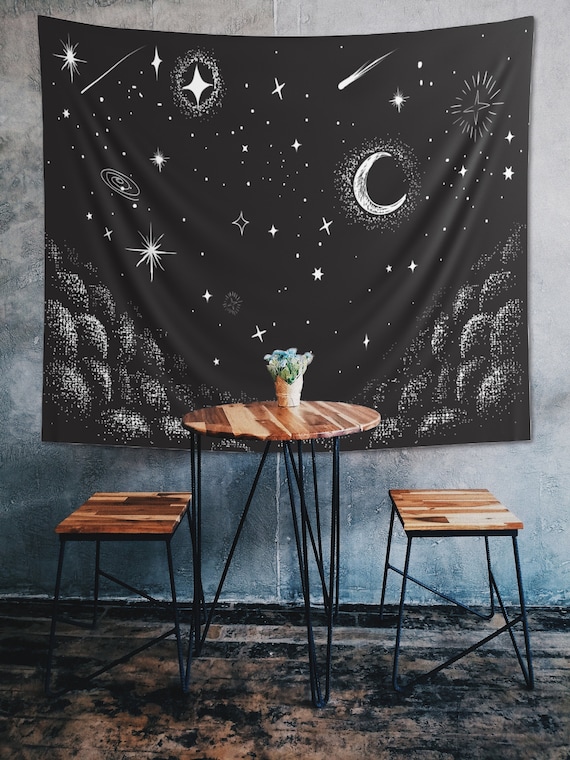 Night Sky Tapestry Celestial Wall Hanging Gothic Starry Night Mystical Witchy Altar Cloth Sun Moon Decor Galaxy Black Shooting Stars Decor Etsy Canada