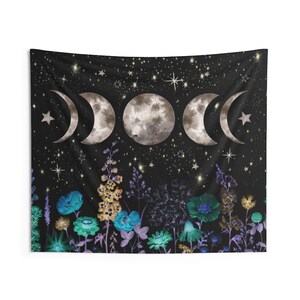 Moon Phases Starry Night Tapestry Floral Moonlit Garden Wall Hanging ...