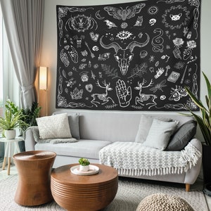 Gothic Witchy Tapestry Witchcraft Magic Moon Skulls Black Indoor Wall Hanging For Dorm Bedroom Living Room Goth Wall Decor Witch Tapestry image 4