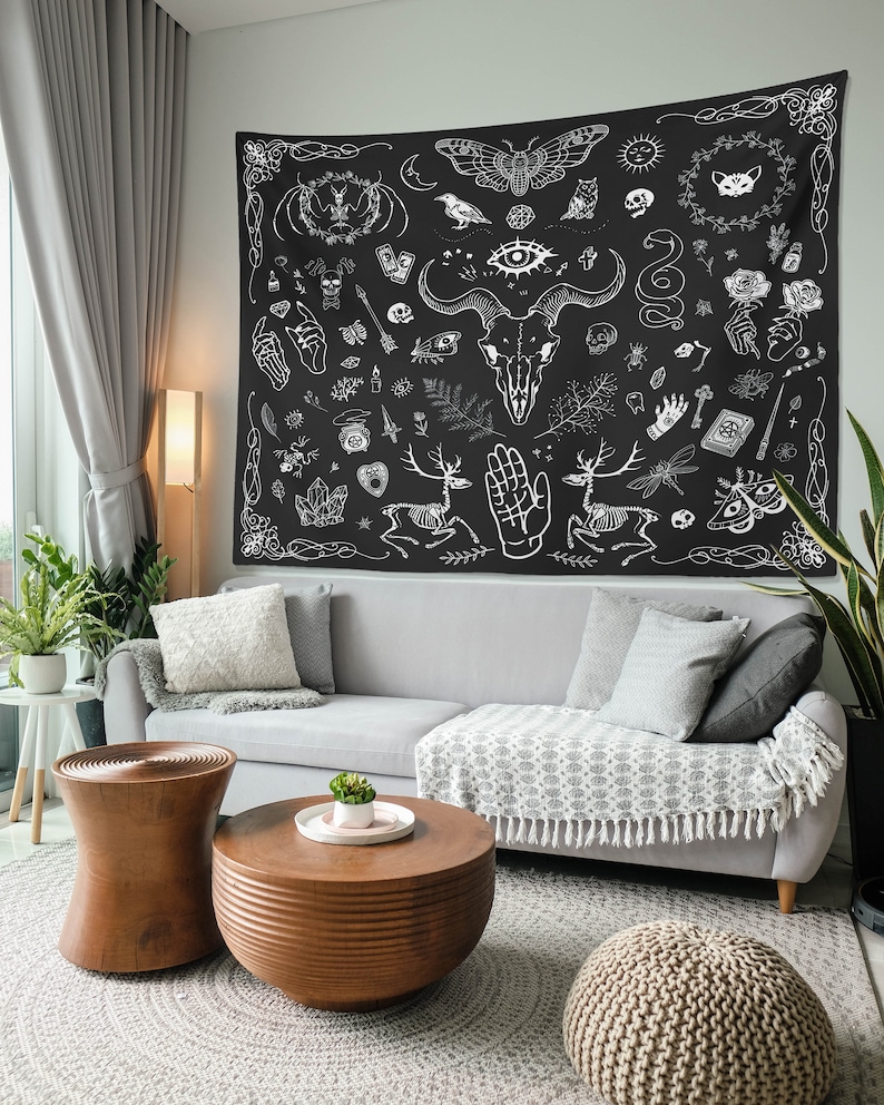 Gothic Witchy Tapestry Witchcraft Magic Moon Skulls Black Indoor Wall Hanging For Dorm Bedroom Living Room Goth Wall Decor Witch Tapestry image 4