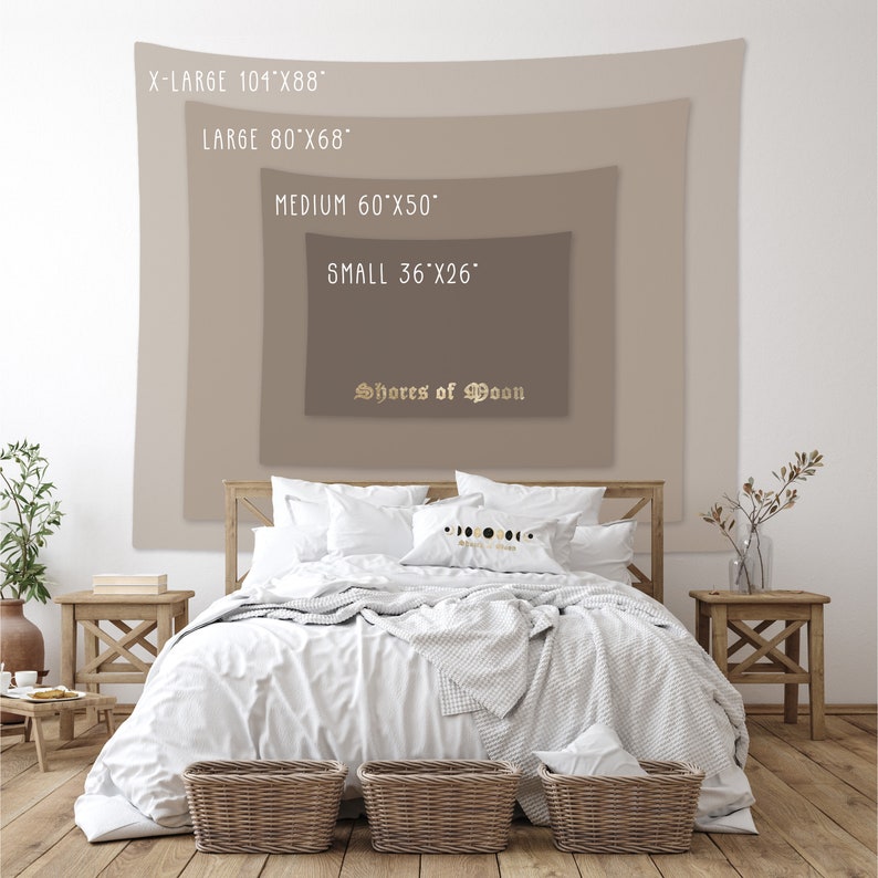 May include: A tapestry with the text "Shores of Moon" in gold lettering. The tapestry is displayed on a wall with a white background. The tapestry is available in four sizes: X-Large (104 inches by 88 inches), Large (80 inches by 68 inches), Medium (60 inches by 50 inches), and Small (36 inches by 26 inches).