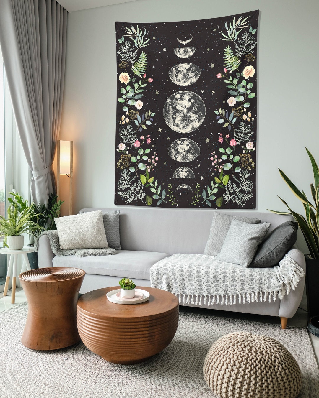 Moonlit Garden Tapestry Moon Phases Wall Hanging Floral Lunar Night Sky ...