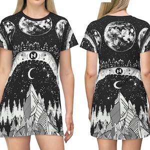 Moon Phases Dress Black&White All Over Print T-Shirt Dress Grunge Dress Lunar Night Sky Starry Night Gothic Celestial Dress