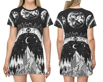 Moon Phases Dress Black&white All Over Print T-shirt Dress Grunge