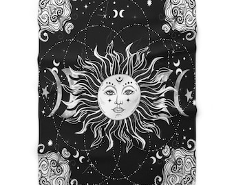 Magic Sun Fleece Blanket Celestial Bohemian Gothic Cozy Fluffy Blanket Sun Moon Luna Eclipse Planets Tarot Wicca Witchy Blanket