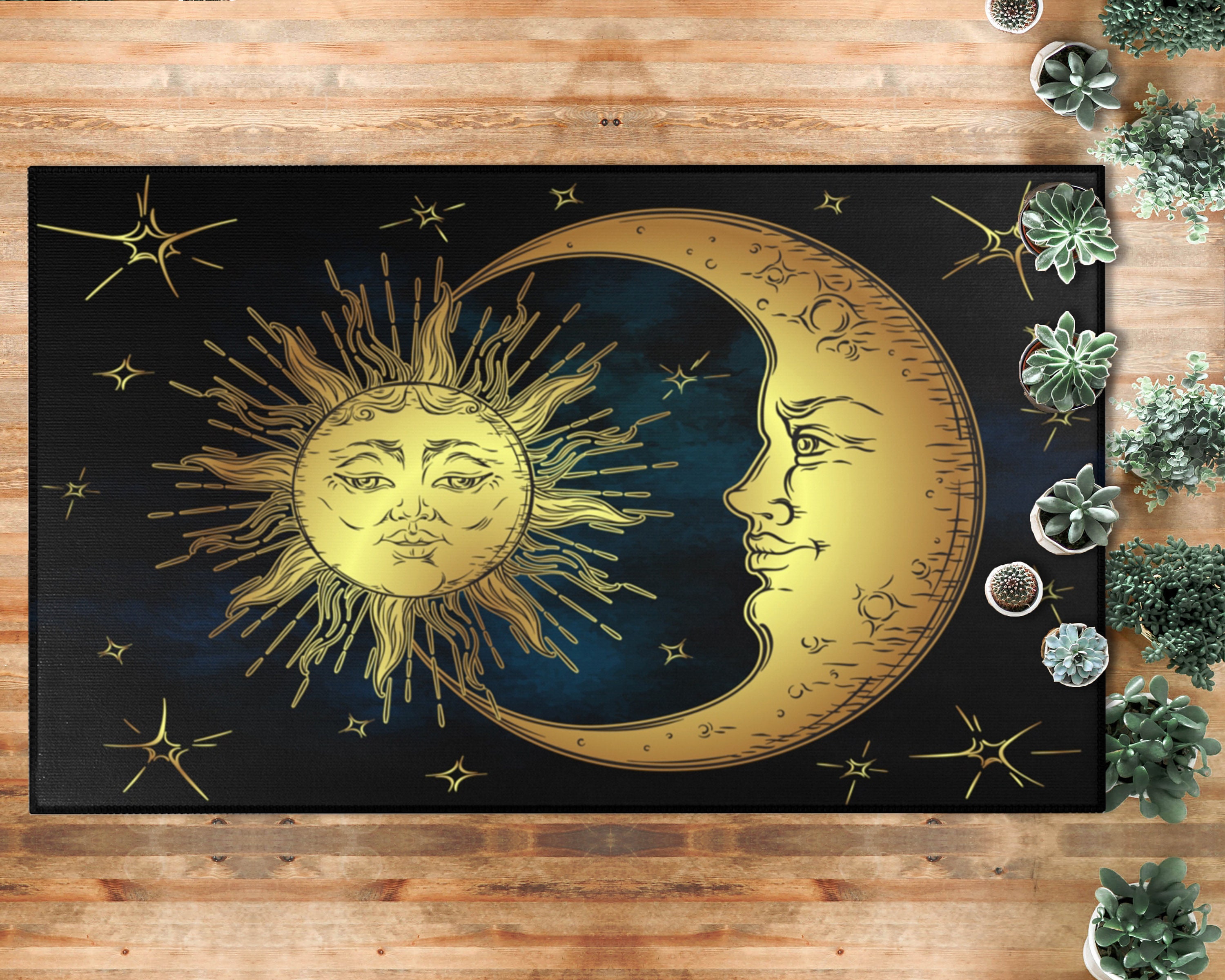 Sun and Moon Area Rug Celestial Crescent Moon Carpet Golden Etsy