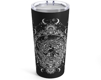 Moon Goddess Tumbler 20oz Moon Mandala Negro Blanco Celestial Sol y Luna Meditación Yoga Gimnasio Taza de Viaje Bruja gótica Wicca Taza de té de café