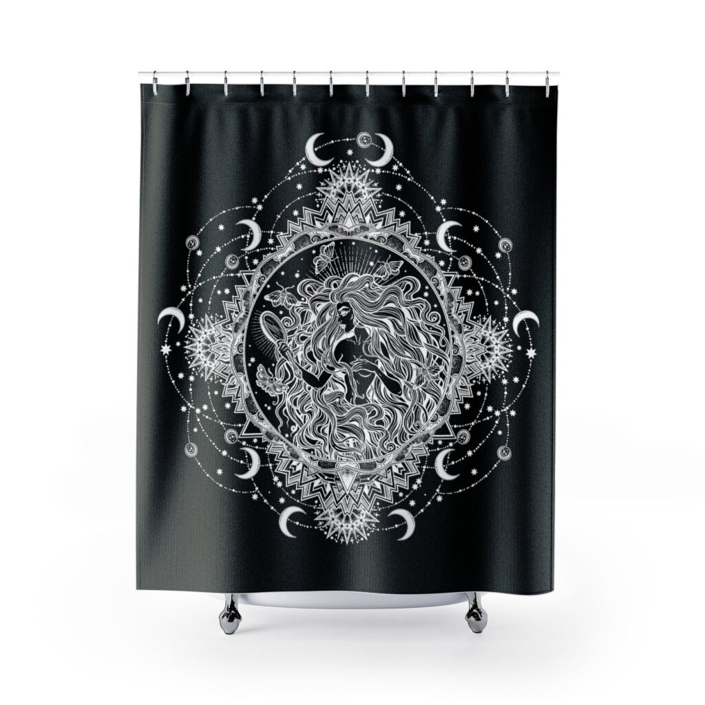 Moon Goddess Shower Curtain Black White Moon Mandala Bathroom Etsy