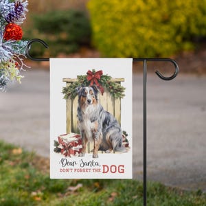 Estandarte de Navidad, Pastor australiano, Estandarte de patio, Decoraciones de patio de Navidad, Regalo de bandera de invierno, Soporte de bandera NO incluido, Carta de Papá Noel