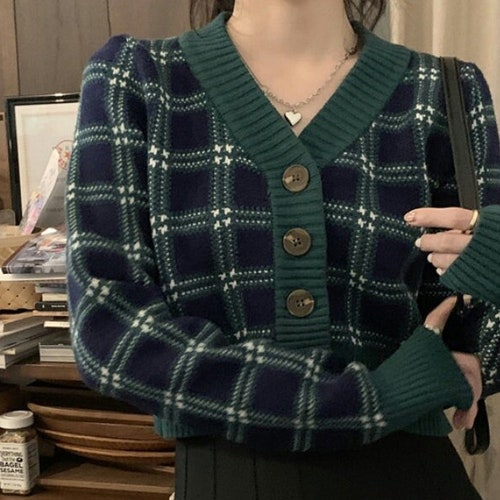 Y2K 2000s Style Knit Argyle Button up Cardigan Retro Vintage - Etsy